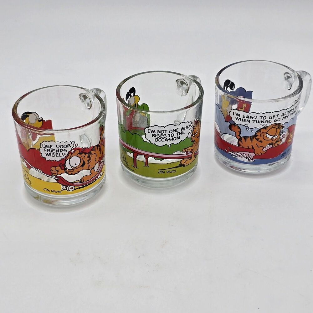 Set of 3 Vintage Garfield and Odie McDonalds Glass Mugs MCM